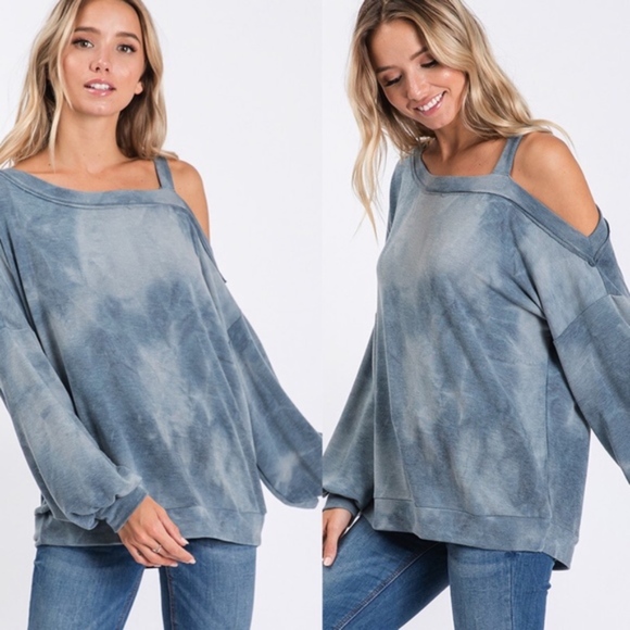 RUTH Tie Dye Cold Shoulder Top - BLUE - Picture 2 of 3